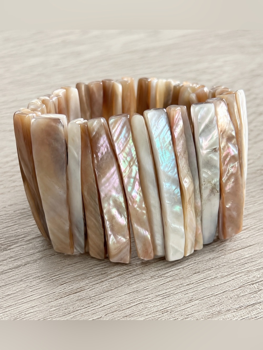 Mother of Pearl Stretch Bracelet Neutral Shell Statement Bracelet Boho Coastal